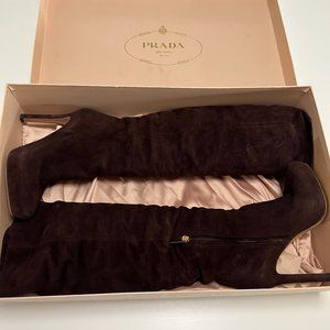 Prada Brown Suede Leather Knee High Boots, SIze 38, 3.5" Stilleto Heel